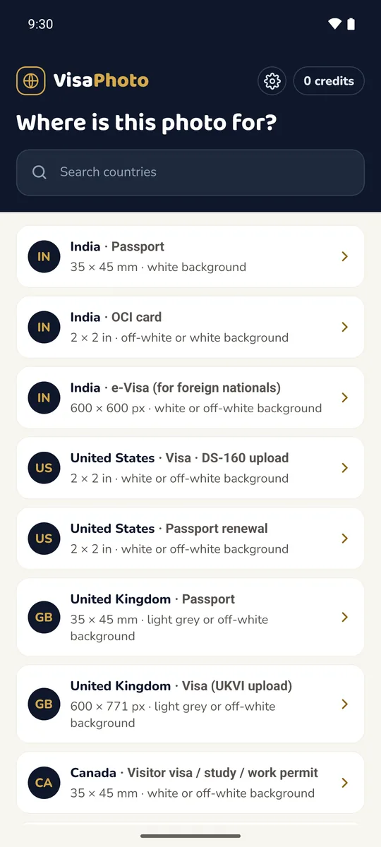 VisaPhoto country list with passport and visa photo sizes